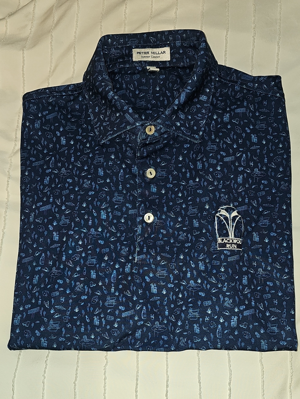 Peter Millar Navy Blue Polo with Light Blue Mini Print and Blackwolf Run Logo
